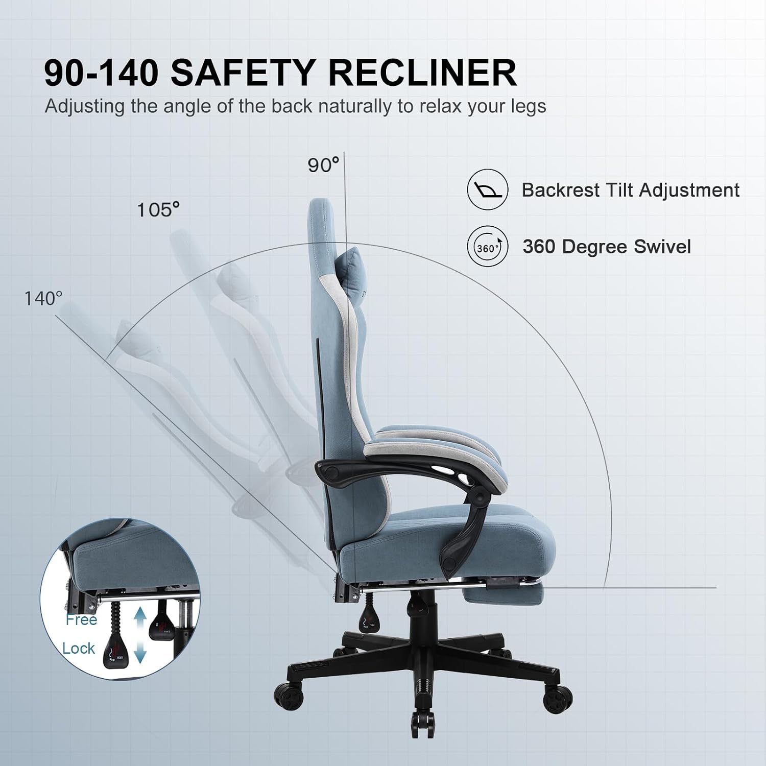 Detalle 2 de GTPLAYER LR002-XIN-25 Gaming Chair, Light Blue Fabric, Footrest and High Back