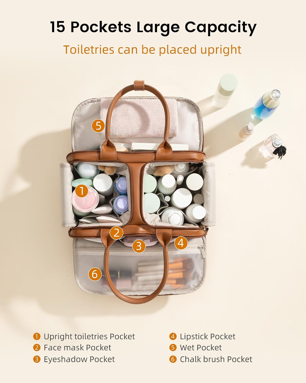 Detalle de LOVEVOOK Travel Toiletry Bag for Women — Leather Large, Wide-Open Makeup Bag and Waterproof Organizer