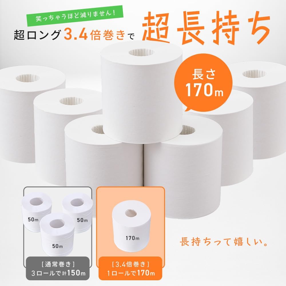 Detalle de アイリスプラザ 7270428 トイレットペーパー シングル 170m×6ロール×8セット 芯なし・再生紙