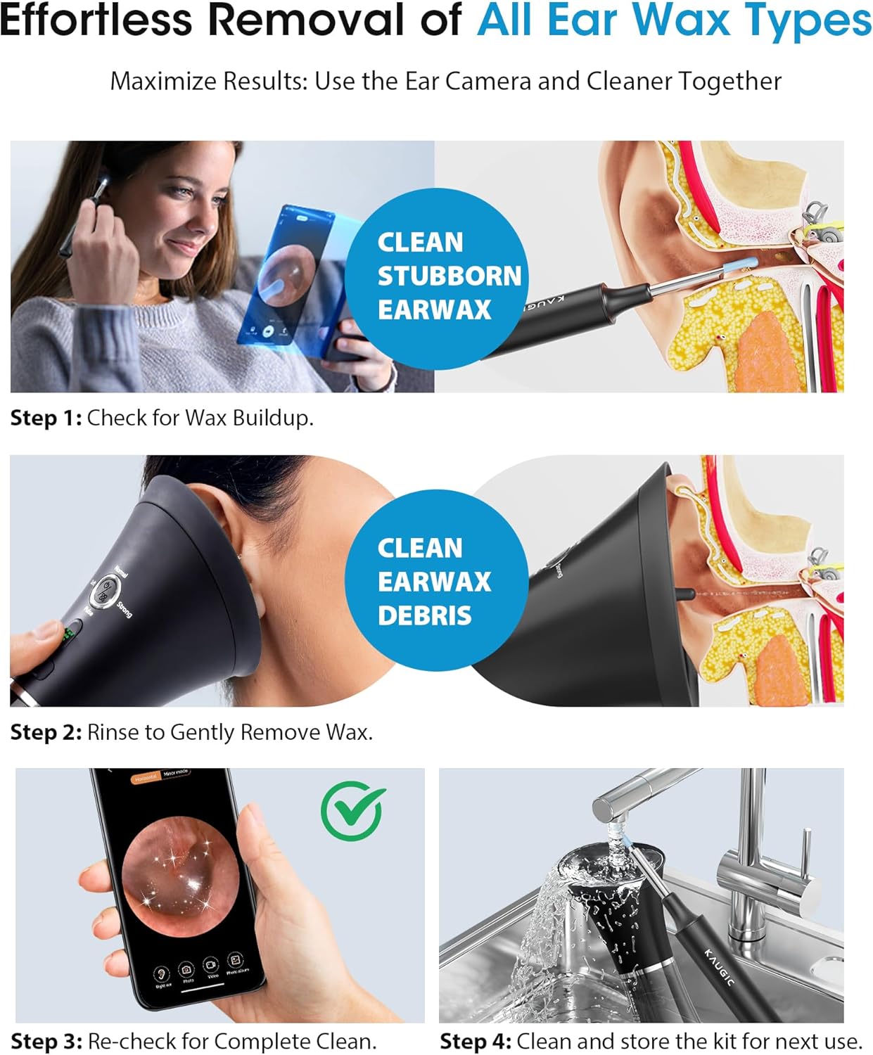 Detalle 2 de KAUGIC Ear Wax Removal Kit with Camera — electric ear cleaner with visual inspection and gentle irrigation