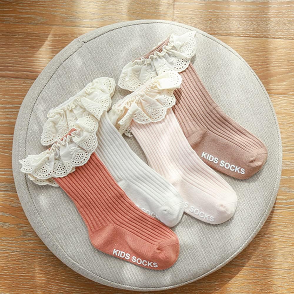 Thumbnail 6 de HXQLXGT 4 Pack Baby Girls' Cotton Knee-High Socks with Lace (0–3 Years)