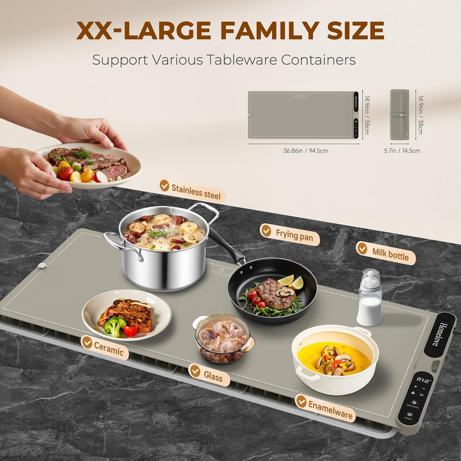 Detalle de Homelove D-2797 Food Warming Mat, 7 Heat Settings, 8-Hour Timer