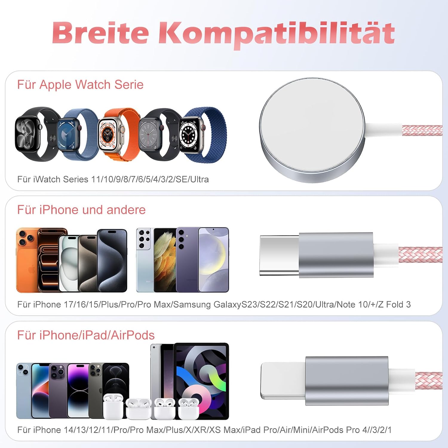 Detalle de 3 in 2 Ladekabel 120 cm für iPhone und Watch