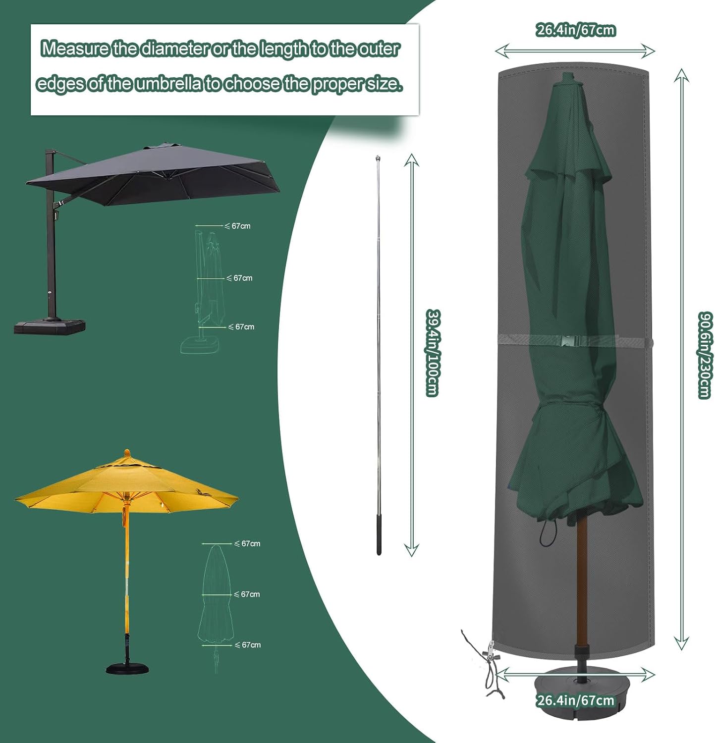 Detalle 2 de PATIO PLUS Double Garden Waterproof Large Parasol Cover with Rod and Adjustable Ties (230x67/67cm)