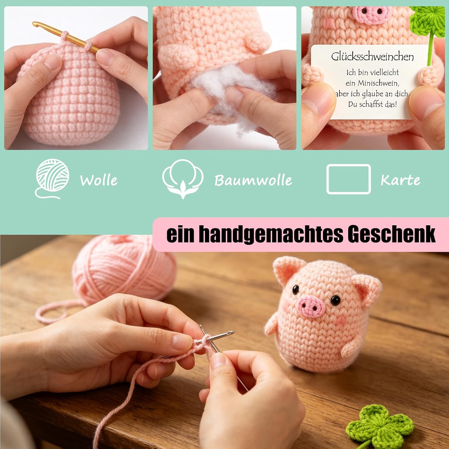 Thumbnail 2 de Tixlux Pocket Hug Glücksschweinchen Figur mit Glücksklee und Glücksbringer (Silber III)