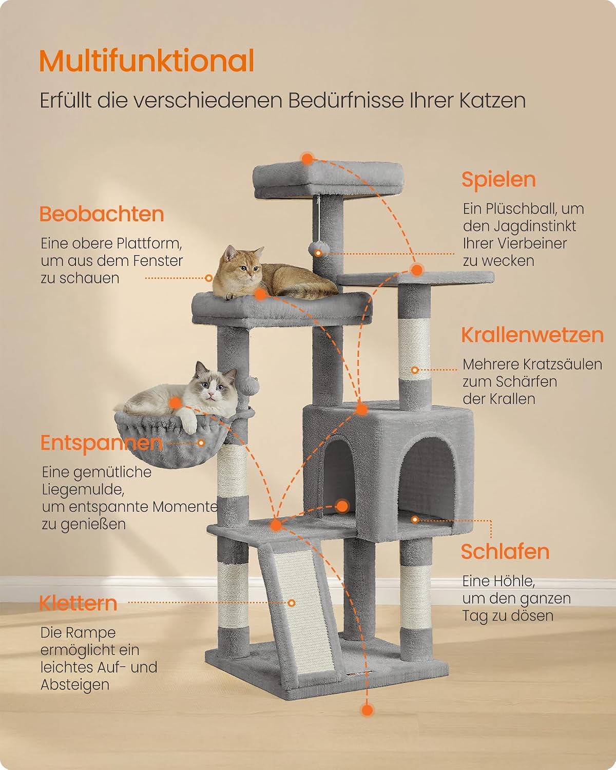 Thumbnail 2 de Feandrea Kratzbaum 136 cm hoch – vielseitiger Katzenbaum mit 4 Kratzsäulen, 3 Plattformen und Höhle