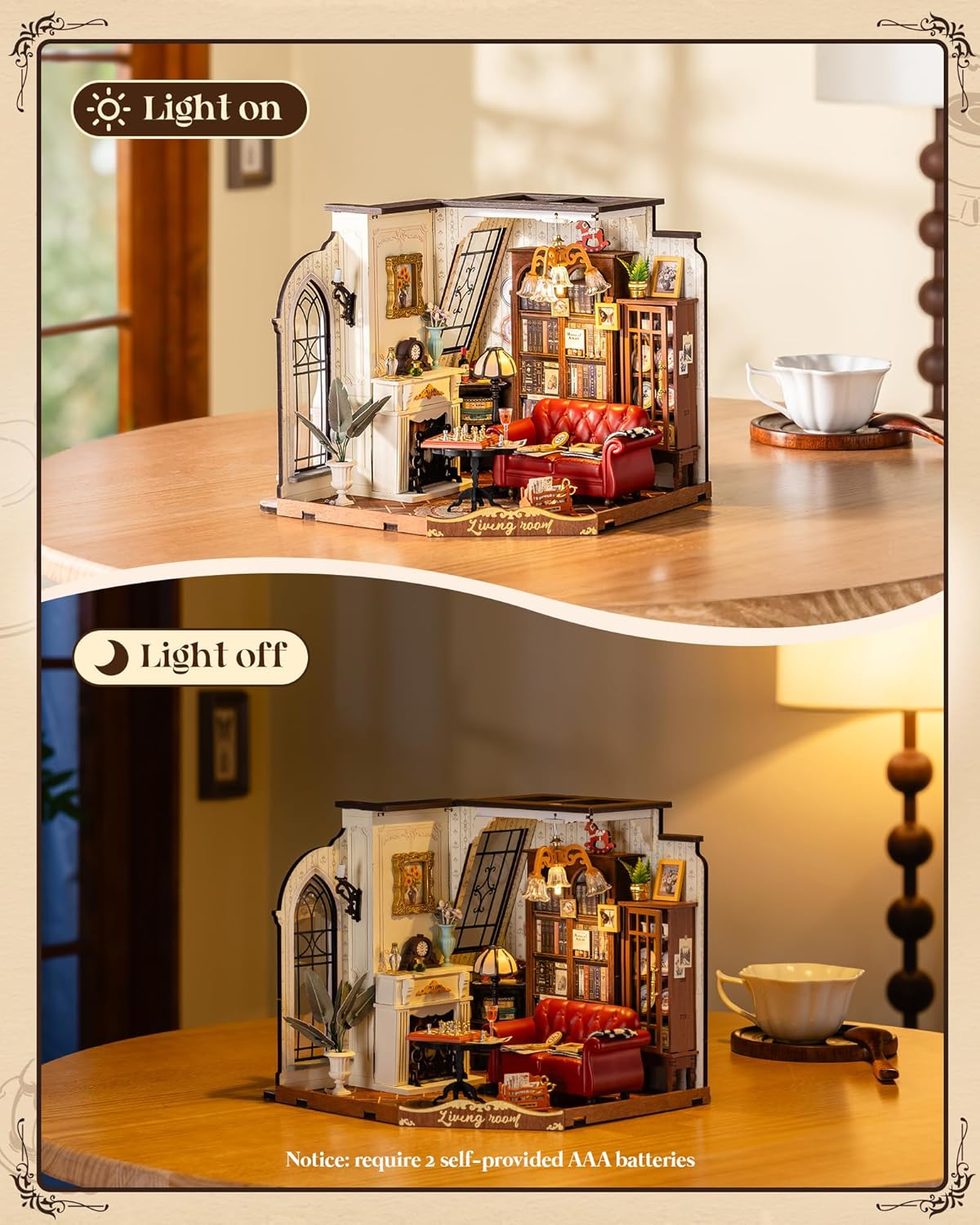 Detalle de Robotime Miniaturhaus-Bausatz Catherine’s Living Room – Puppenhaus aus Holz mit LED-Licht