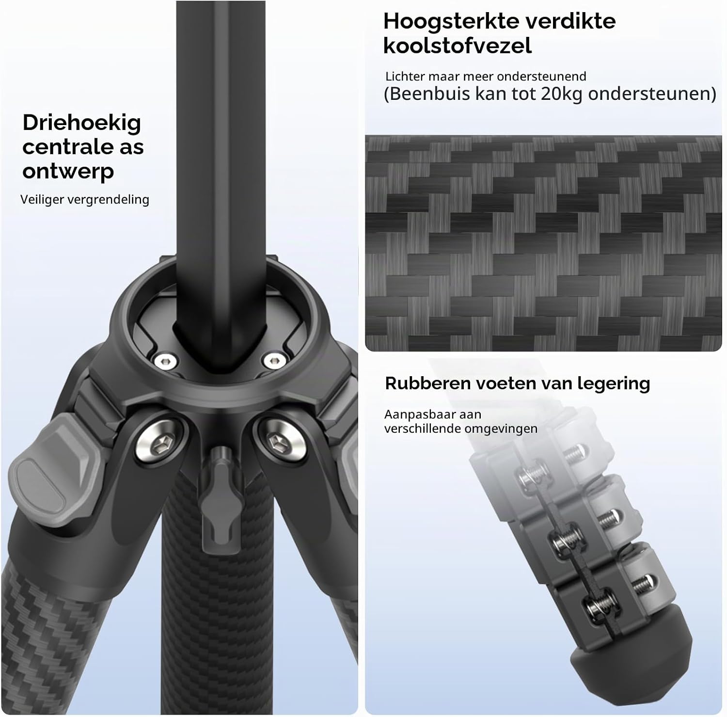 Detalle de SMALLRIG 5877 carbonfiber reisstatief met vloeistofkop en omkeerbare middenkolom