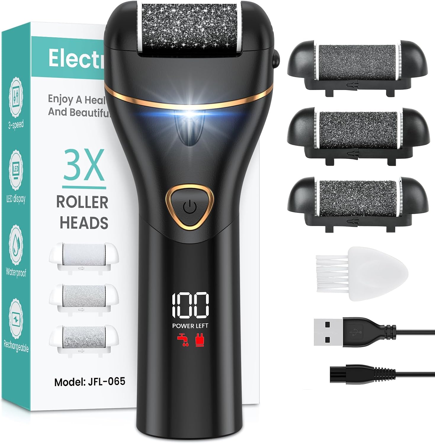 Detalle de Rapeuse pieds électrique – kit pédicure professionnel anti-callosités, 2 vitesses, 3 rouleaux, IPX7