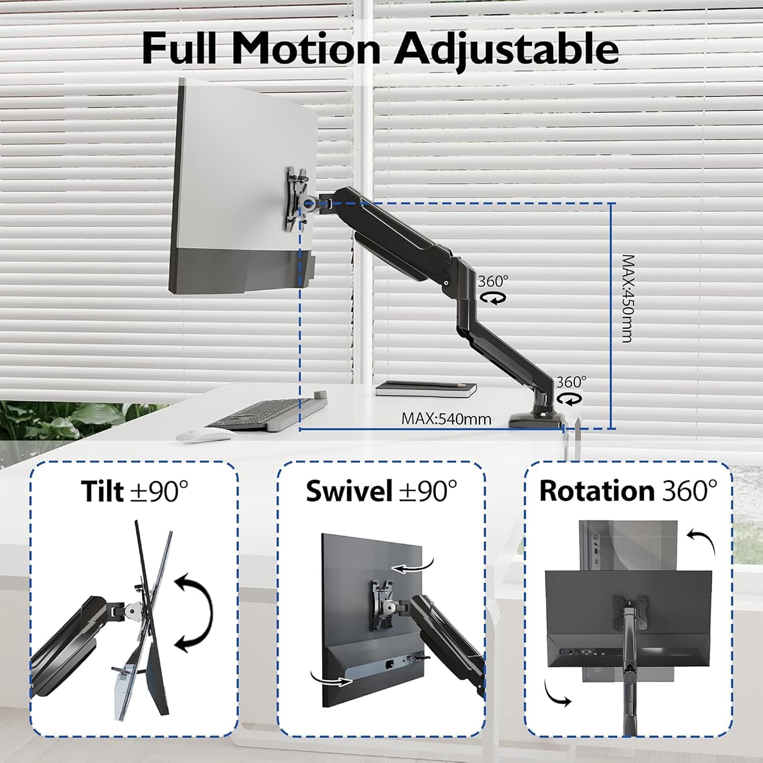 Detalle de BONTEC Supporto Monitor Regolabile da 13" a 32" con Braccio, Rotazione 360°, Inclinazione ±90°, Altezza Gas e Gestione Cavi – VESA 75/100
