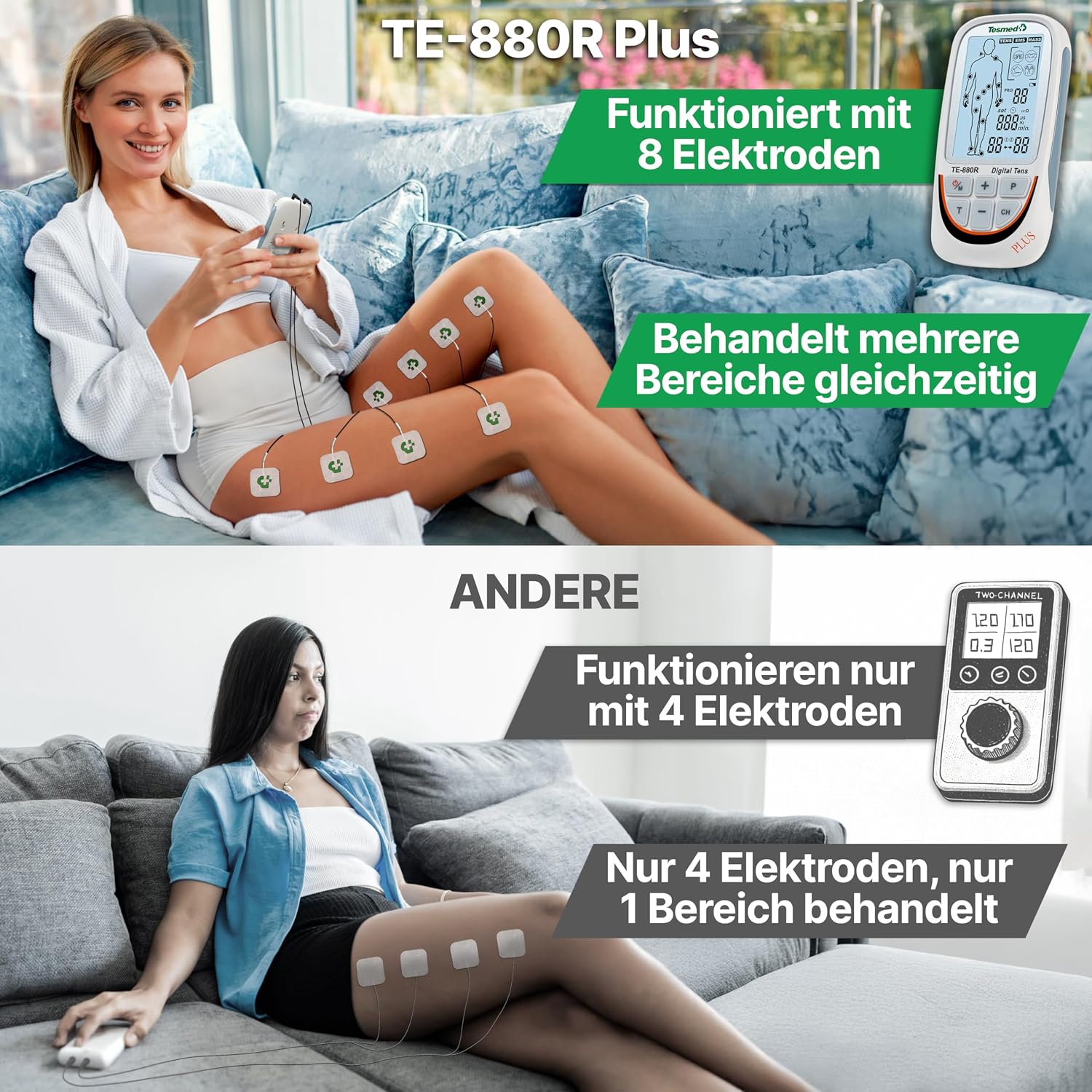 Detalle de TESMED TE-880R Plus: Wiederaufladbarer TENS EMS Gerät mit 73 Programmen und 8 Elektroden