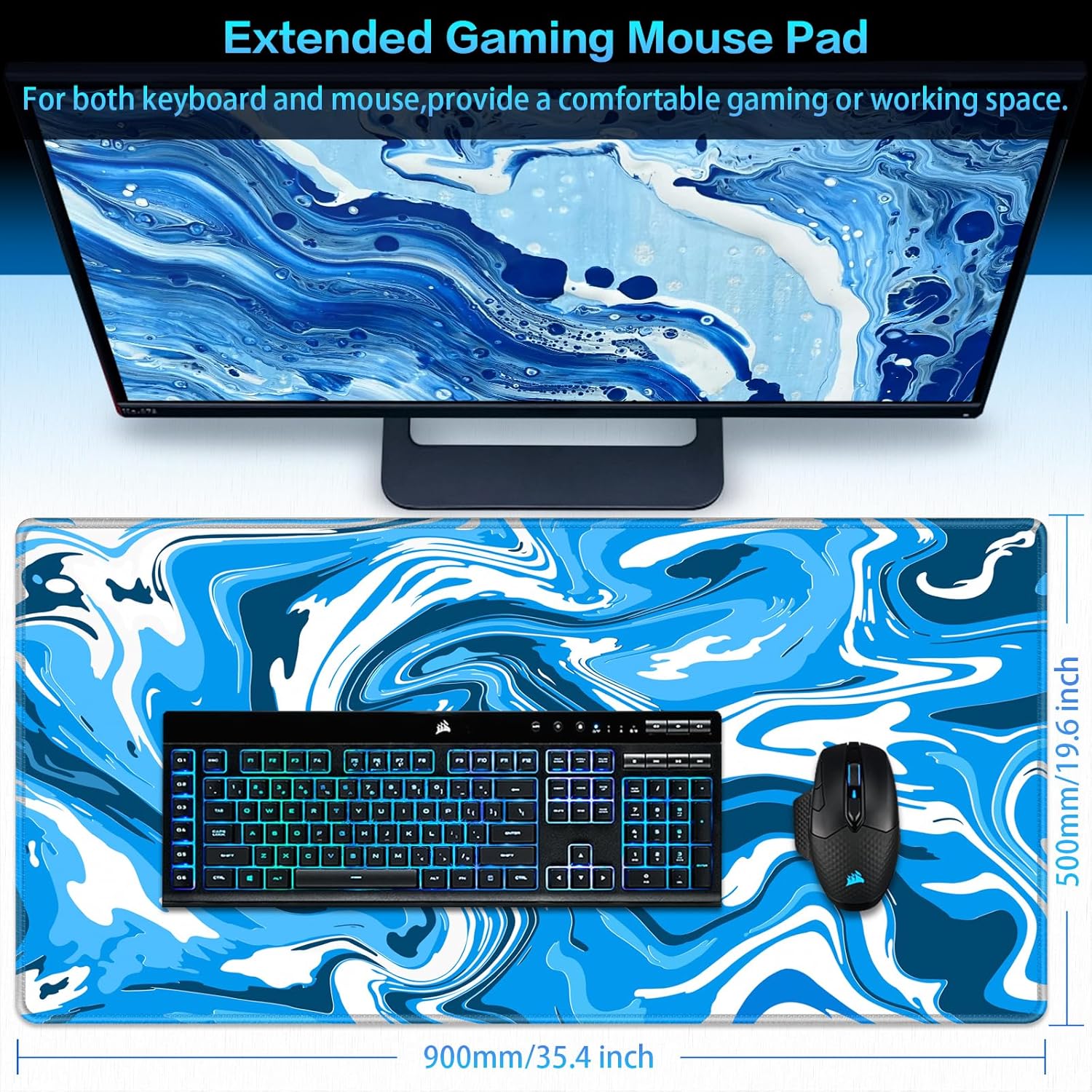Detalle 2 de Abetcabe Gaming Mauspad XXL – 900 × 500 × 3 mm, wasserdicht, rutschfeste Basis, handgefertigtes Fluid Art Design