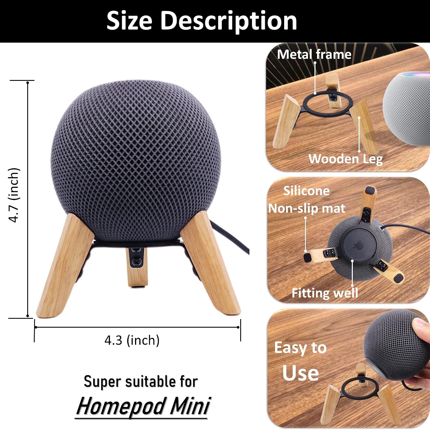 Detalle 2 de Counlisha HomePod mini用木製スタンド ホワイトオーク・金属フレーム・滑り止めパッド付き