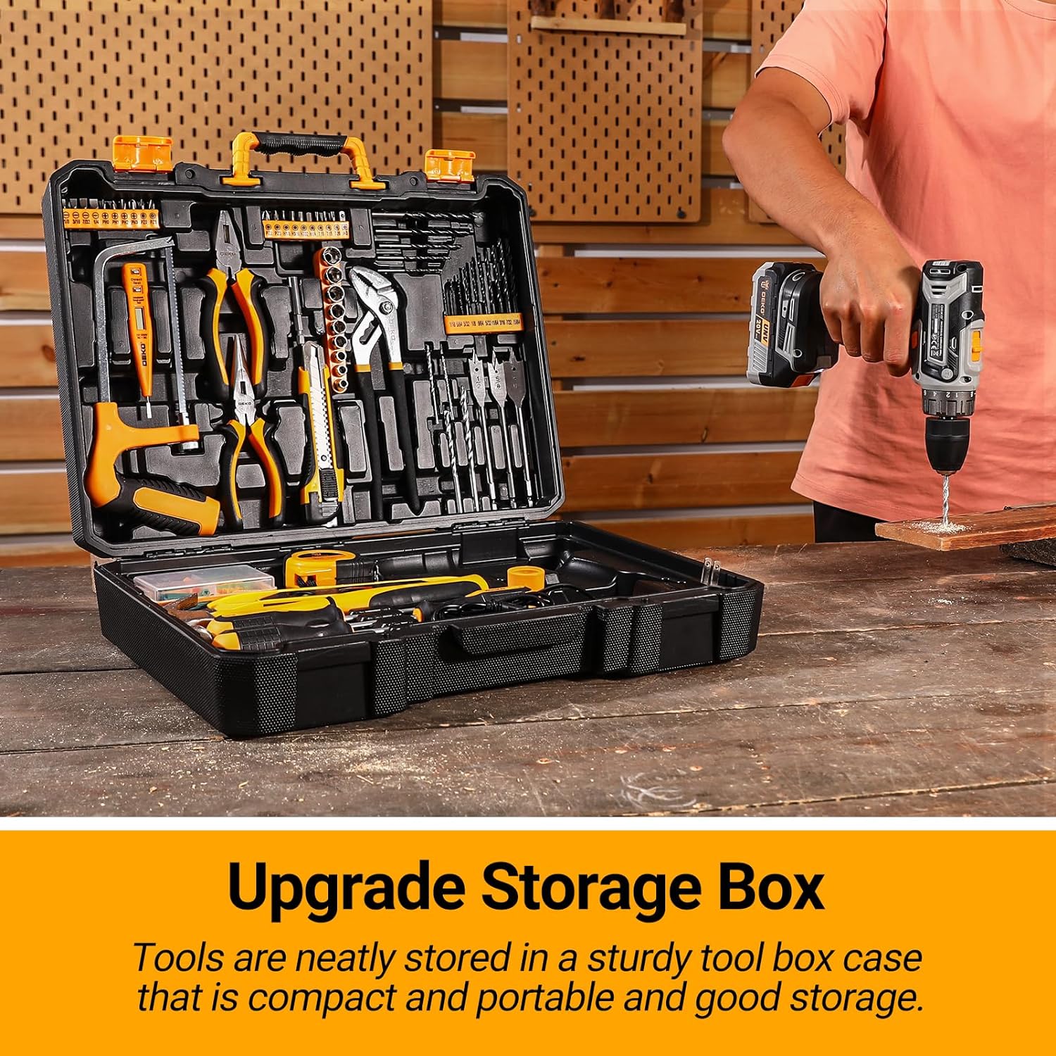 Detalle 2 de DEKO Cassetta Attrezzi Completa 20V con Trapano Avvitatore a Batteria, 186 Pezzi – Set Professionale per Casa e Lavori di Fai-da-te
