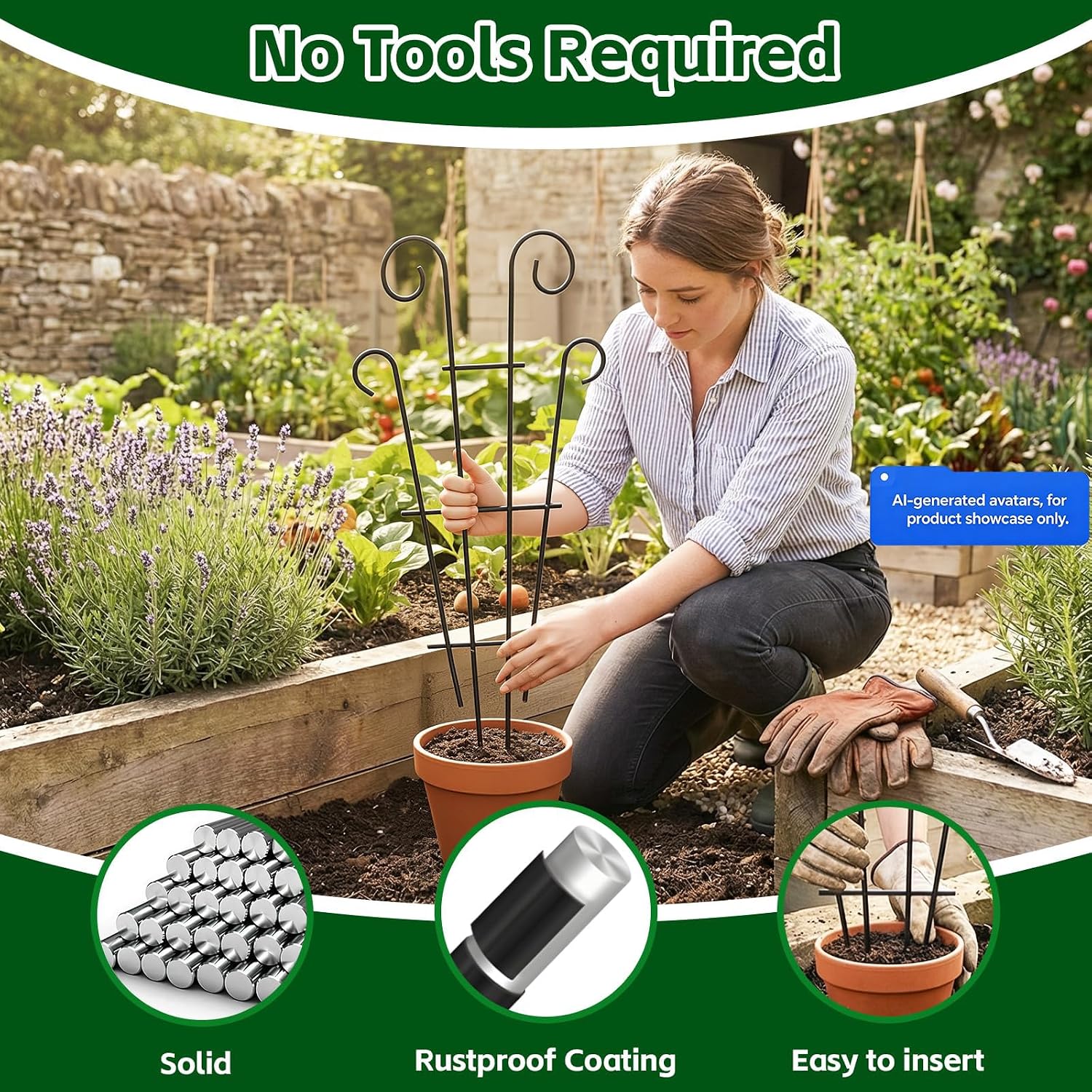 Detalle de Thealyn 4-Pack 32-Inch Plant Trellis for Potted Climbers – Wave-Style Metal Support (Black)