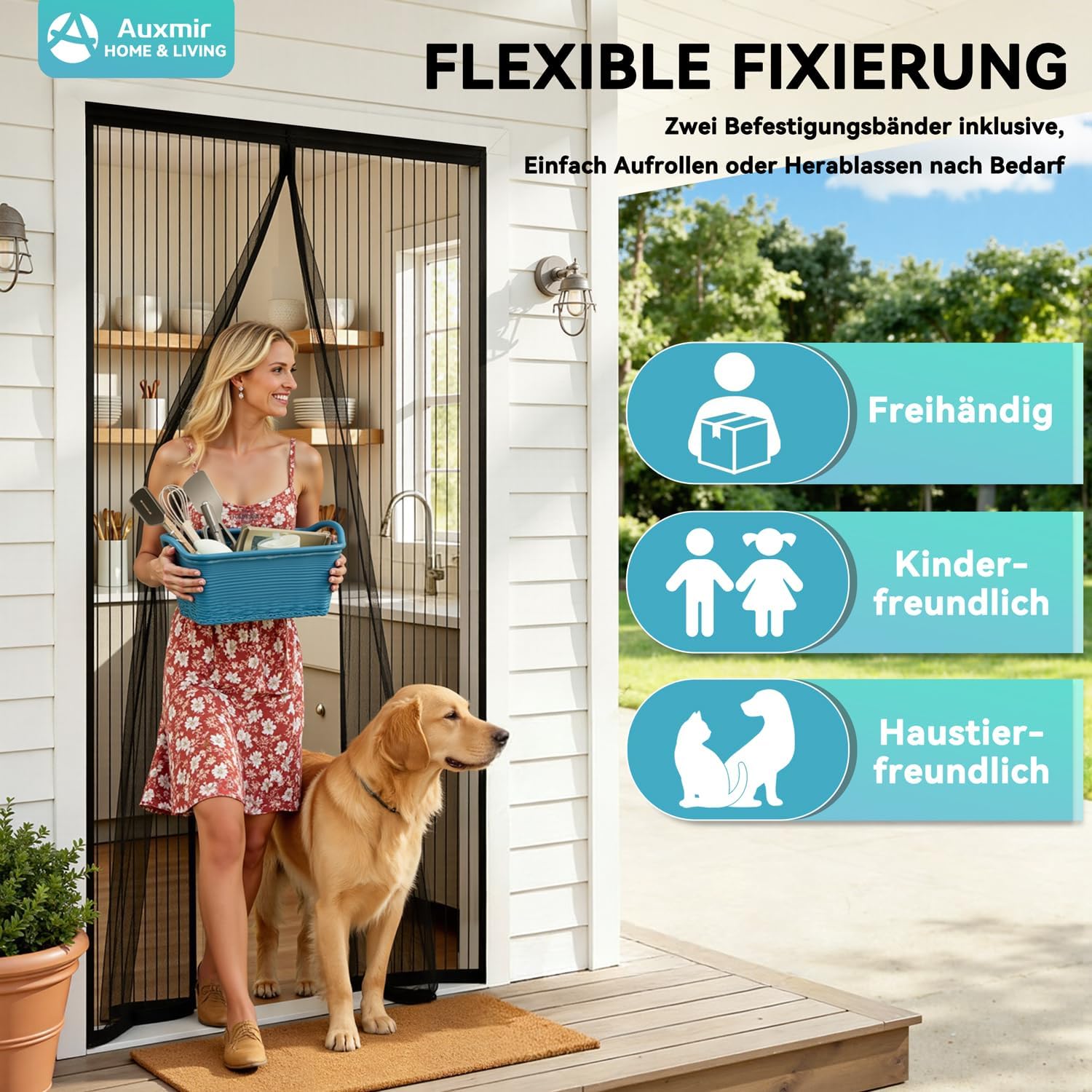 Thumbnail 2 de Auxmir Fliegengitter Balkontür Magnet 120x200 cm – Extra Starke Magnete, Ohne Bohren, Verdickt Klettverschluss 4 cm, Schwarz