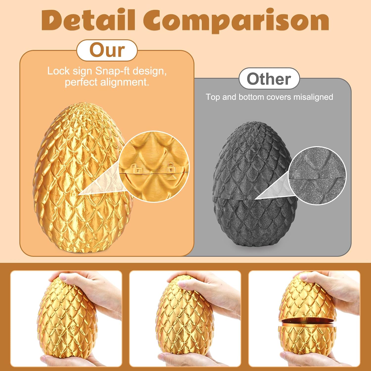 Detalle 2 de Olee Odee Drachenei 3D-gedruckte Fidget-Spielzeuge – Gold, mit Schnappverschluss