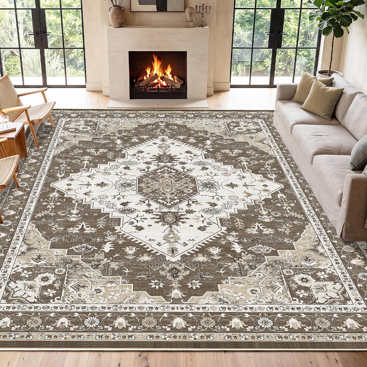 Detalle de LIVELYGLOW 8' x 10' Washable Area Rug, Low-Pile Medallion Print, Beige/Brown