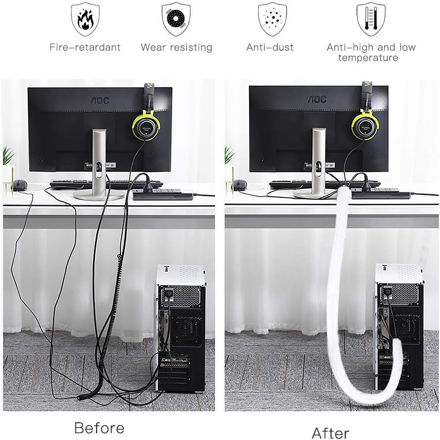 Detalle de AGPTEK White Cable Management Sleeve 3m (12–20mm) – Self-Closing, Flame‑Retardant, Animal‑Proof