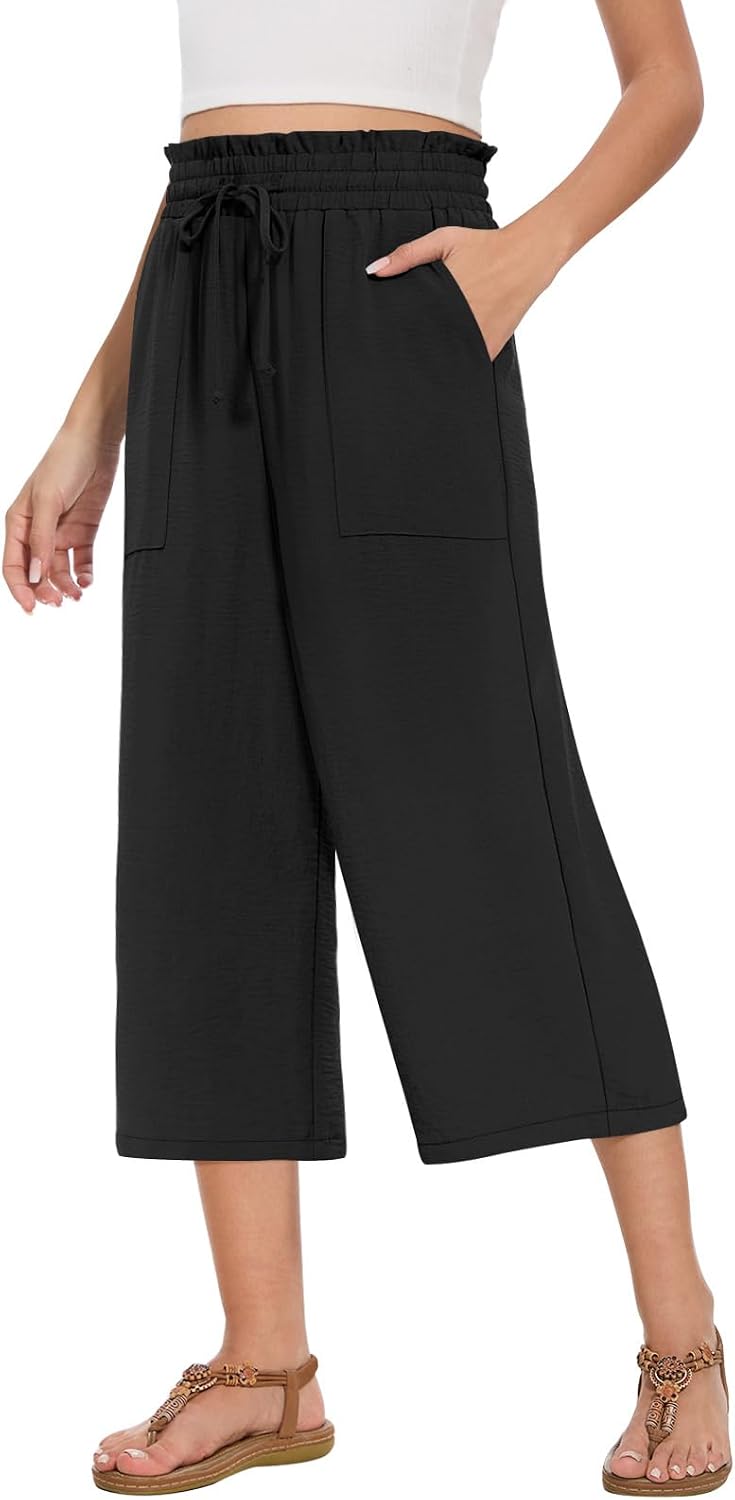 Detalle de MLXSJ Women's Capri Pants: Summer Wide-Leg, High-Waisted with Pockets