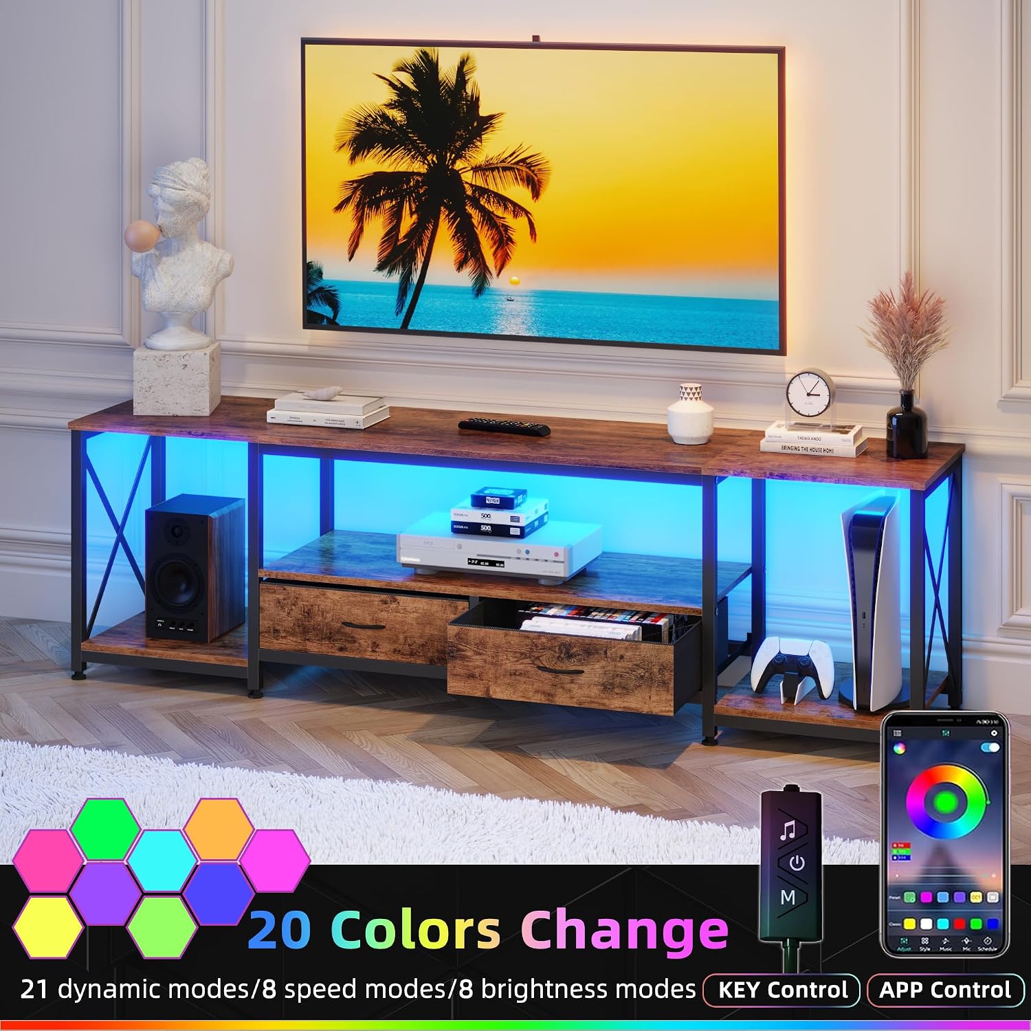 Detalle de GYIIYUO TVS019 TV Stand for 75–80-Inch TVs, Two Drawers, Rustic Brown
