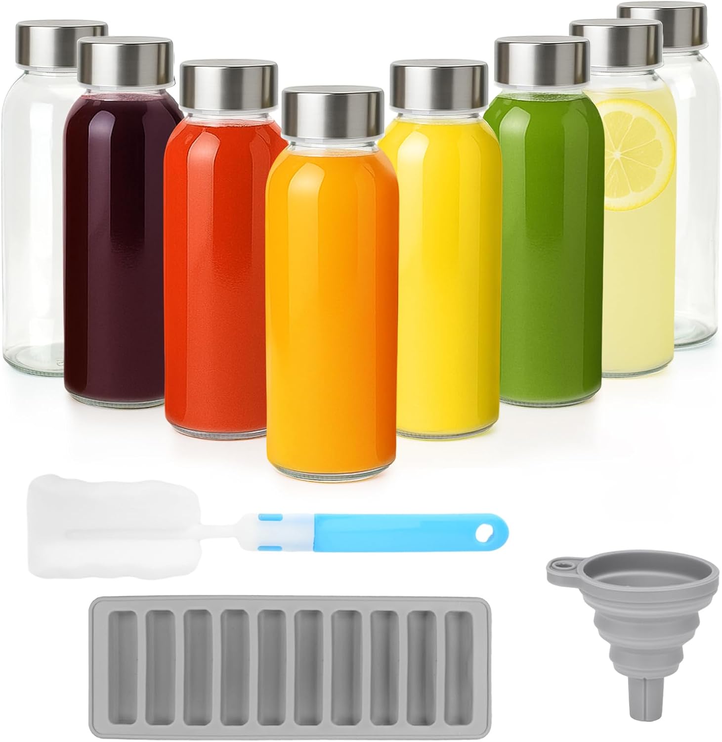 Detalle de Zukro 10.5oz glass bottles, 8-pack juice bottles with stainless steel lids