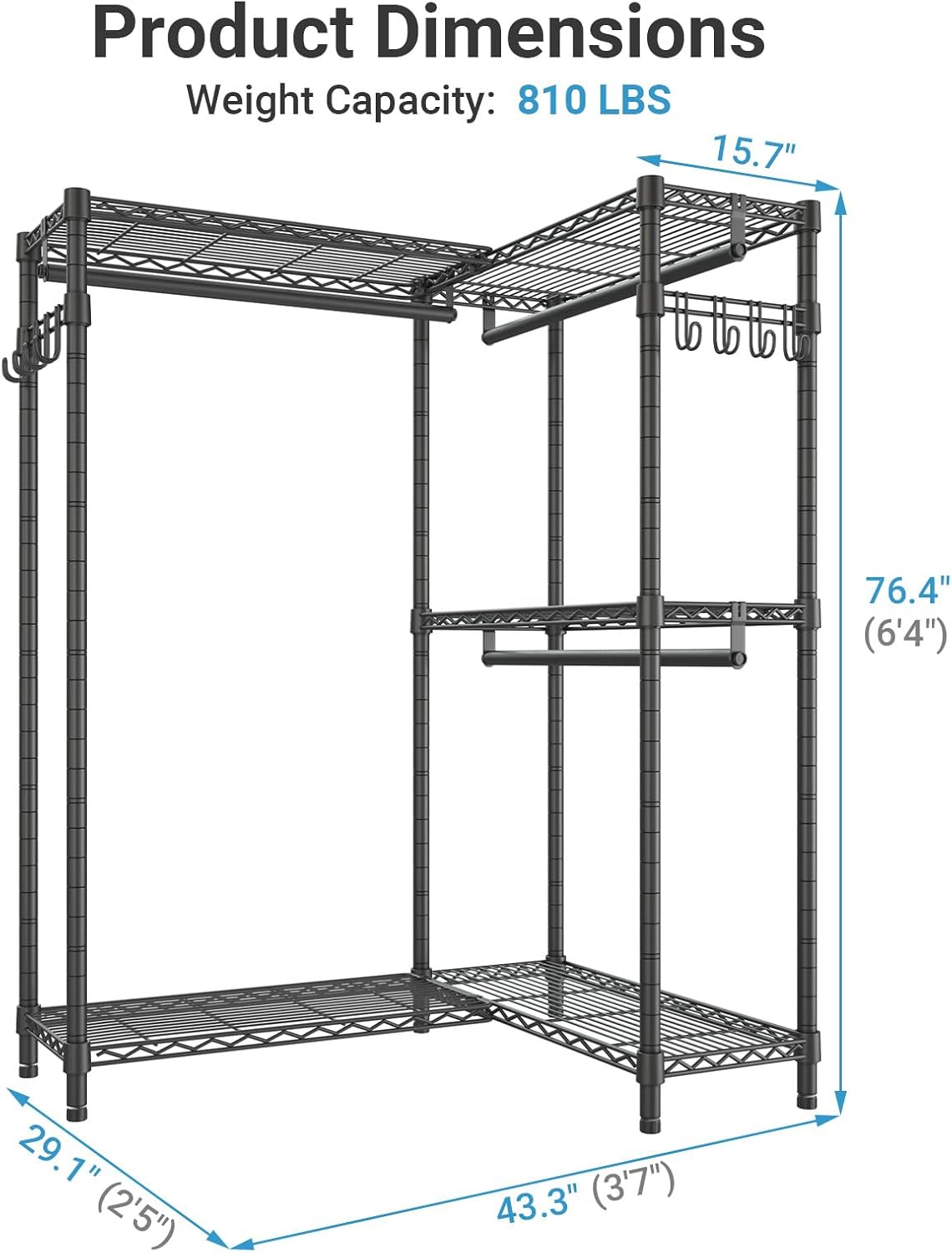Detalle de VIPEK L4 L-Shaped Garment Rack for Corner Storage with 3 Hanging Rods, 2 Side Hooks (Freestanding)