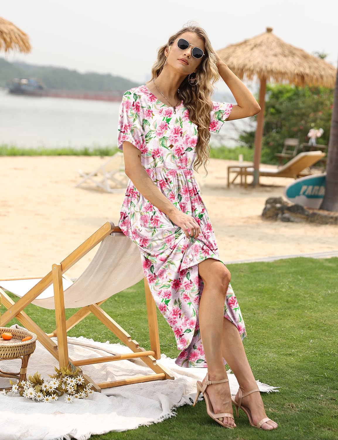 Detalle de YESNO Women Casual Loose Bohemian Floral Maxi Dress with Pockets