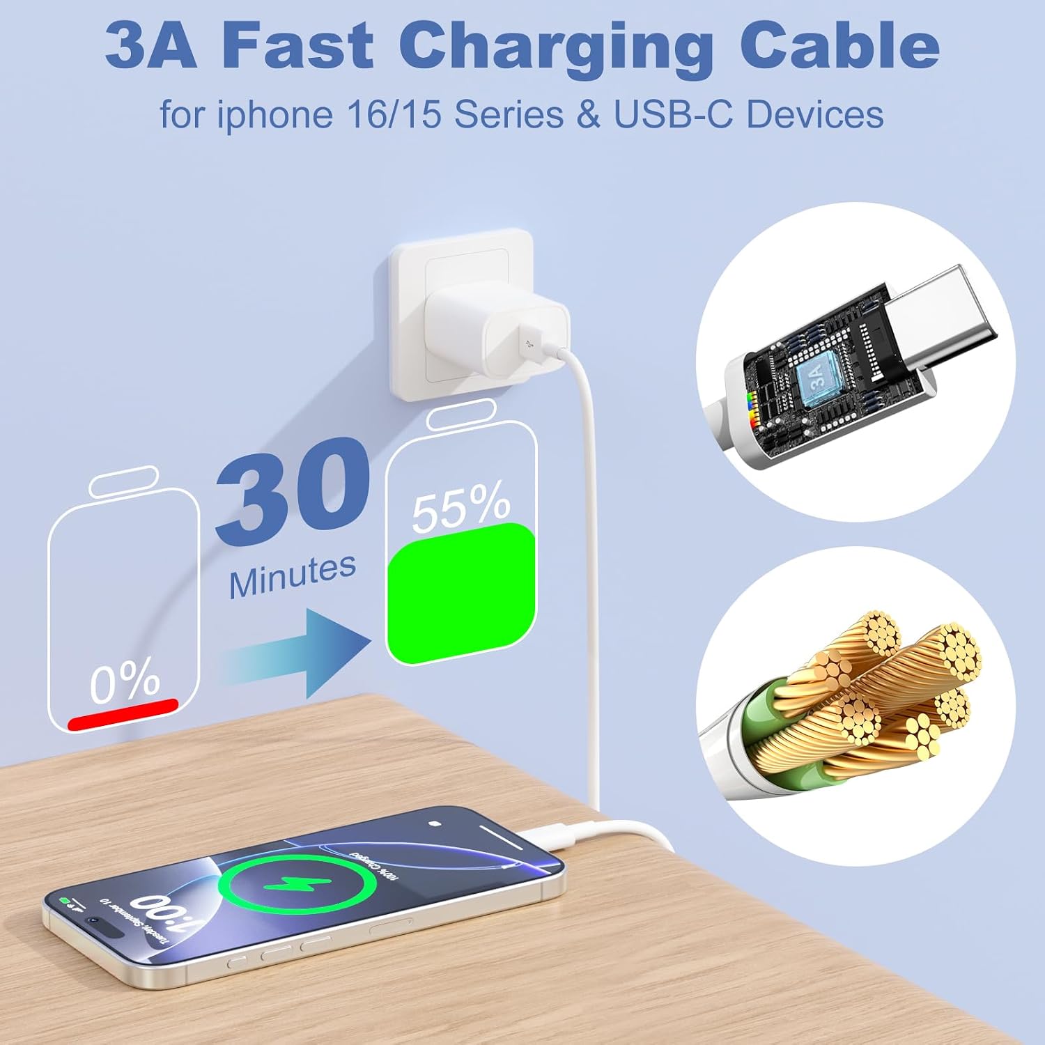 Detalle de UIIAVS CarPlay Cable for iPhone 17/16/15 Series — USB A to USB C, 3A Fast Charge & Data Sync