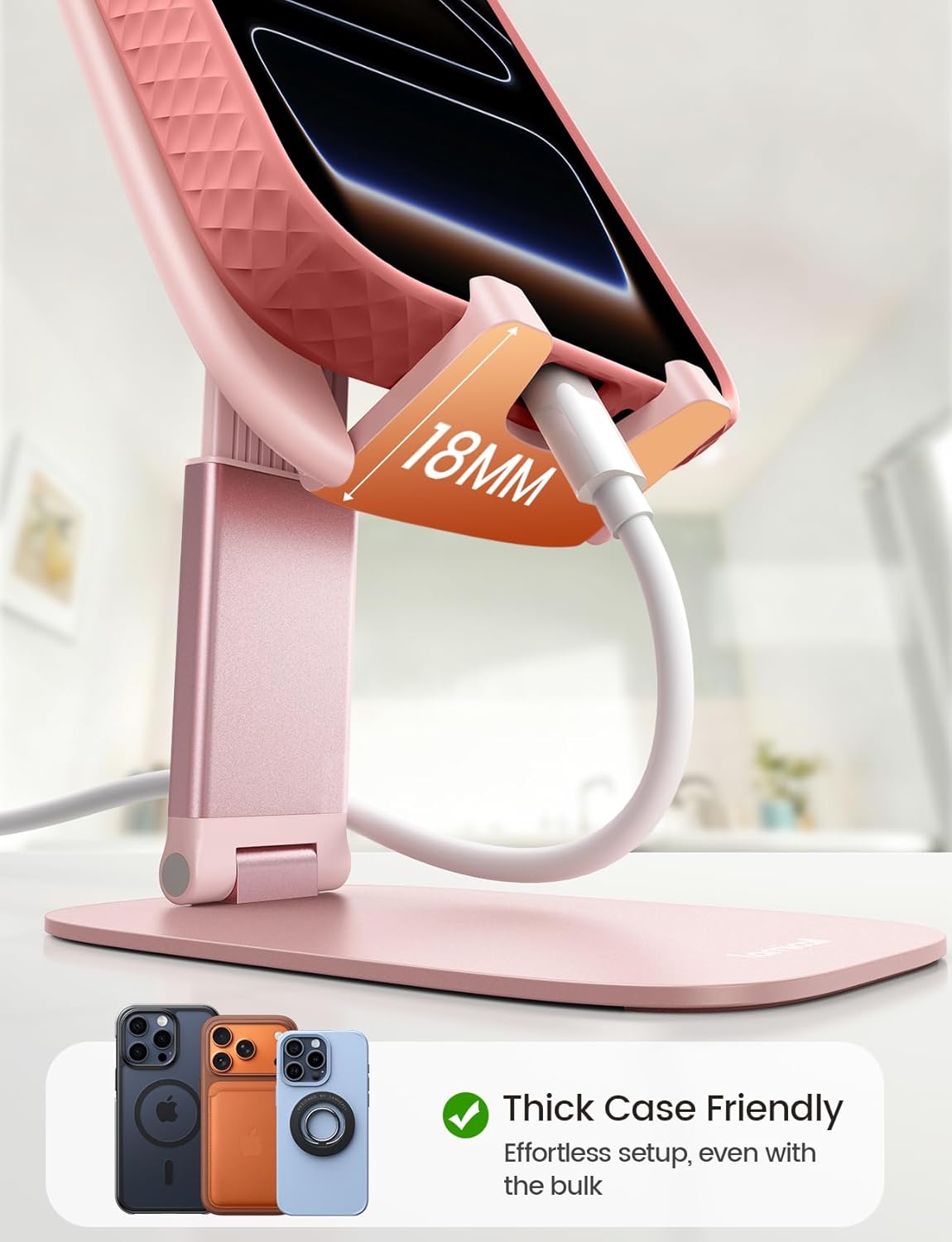 Detalle 1 de Lamicall Foldable Ultra-Thin Pink Phone Stand, Adjustable and Portable
