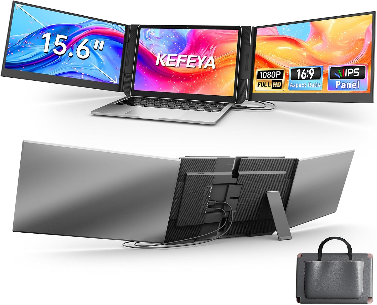 Detalle de KEFEYA 15,6 Zoll Laptop Bildschirm Extender – Dreifach-Display, FHD 1080p, Plug‑and‑Play