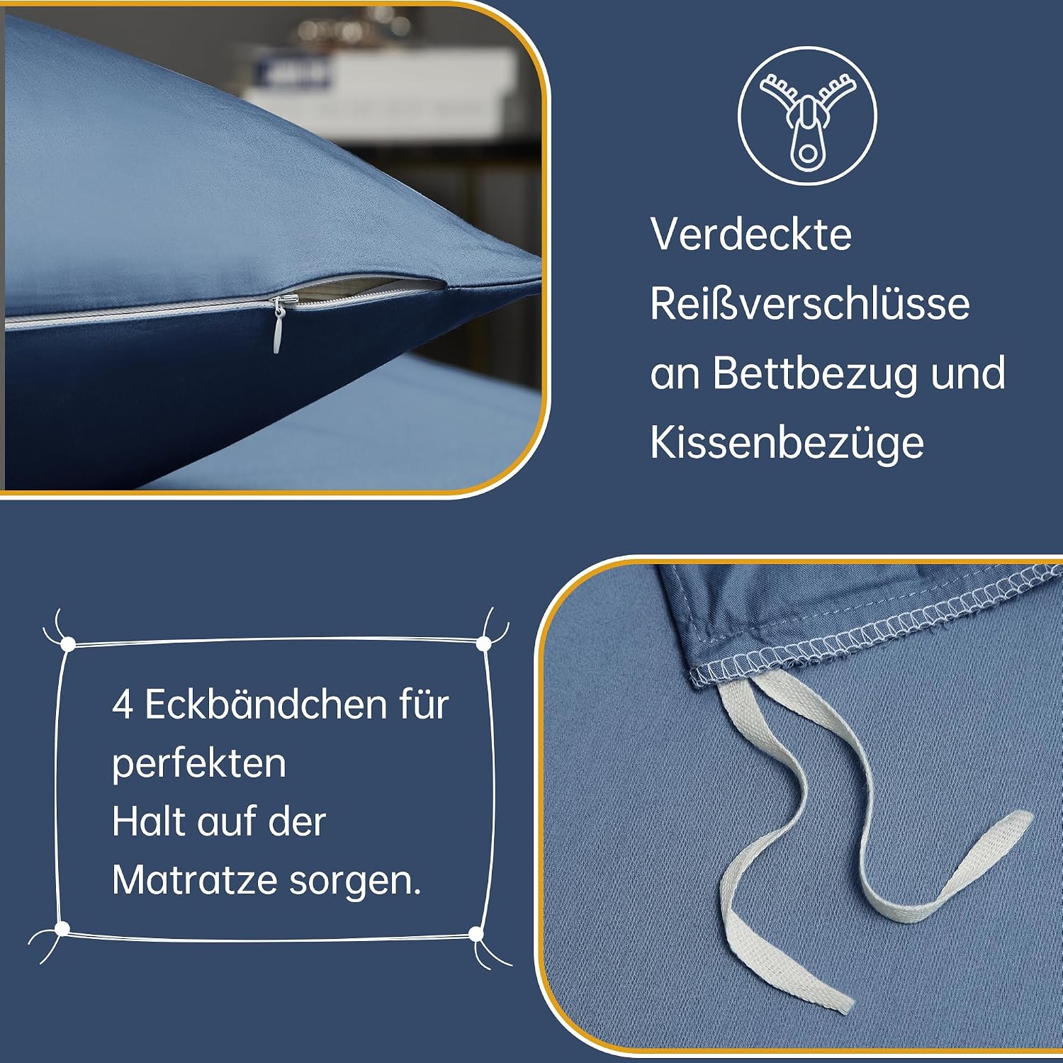 Thumbnail 4 de Luofanfei Mako Satin Baumwolle Bettwäsche-Set 155x220 Blau kühlend, glatt (1 Bettbezug + 2 Kissenbezüge 80x80)
