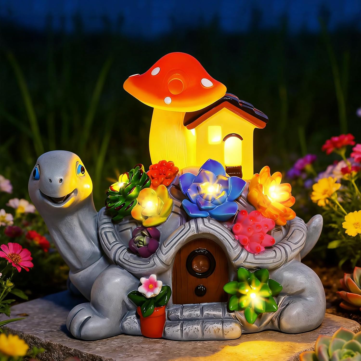 Detalle de MERUIKCO solar turtle garden ornament with 8 LED lights (shatter-resistant resin)