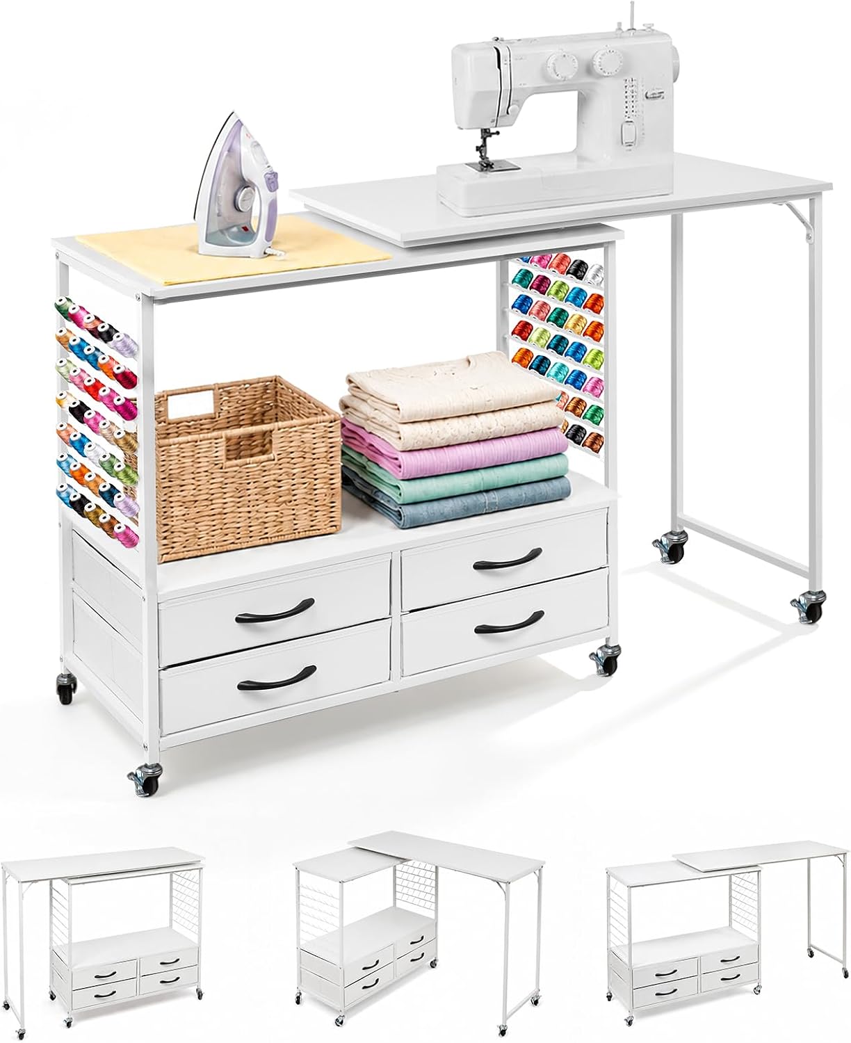 Detalle de Lanlelin Standard Folding Sewing Table with Storage, 70 Pegs and 4 Drawers