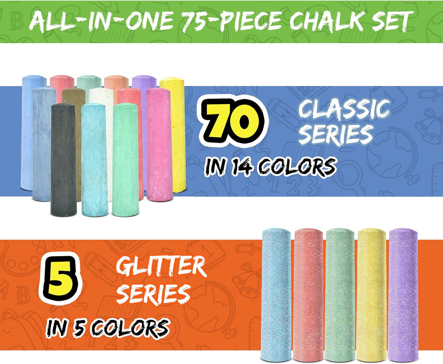 Detalle de 75 PCS Sidewalk Chalk for Kids - 14 Colors, 5 Glitter, Non-Toxic Washable Jumbo Chalks