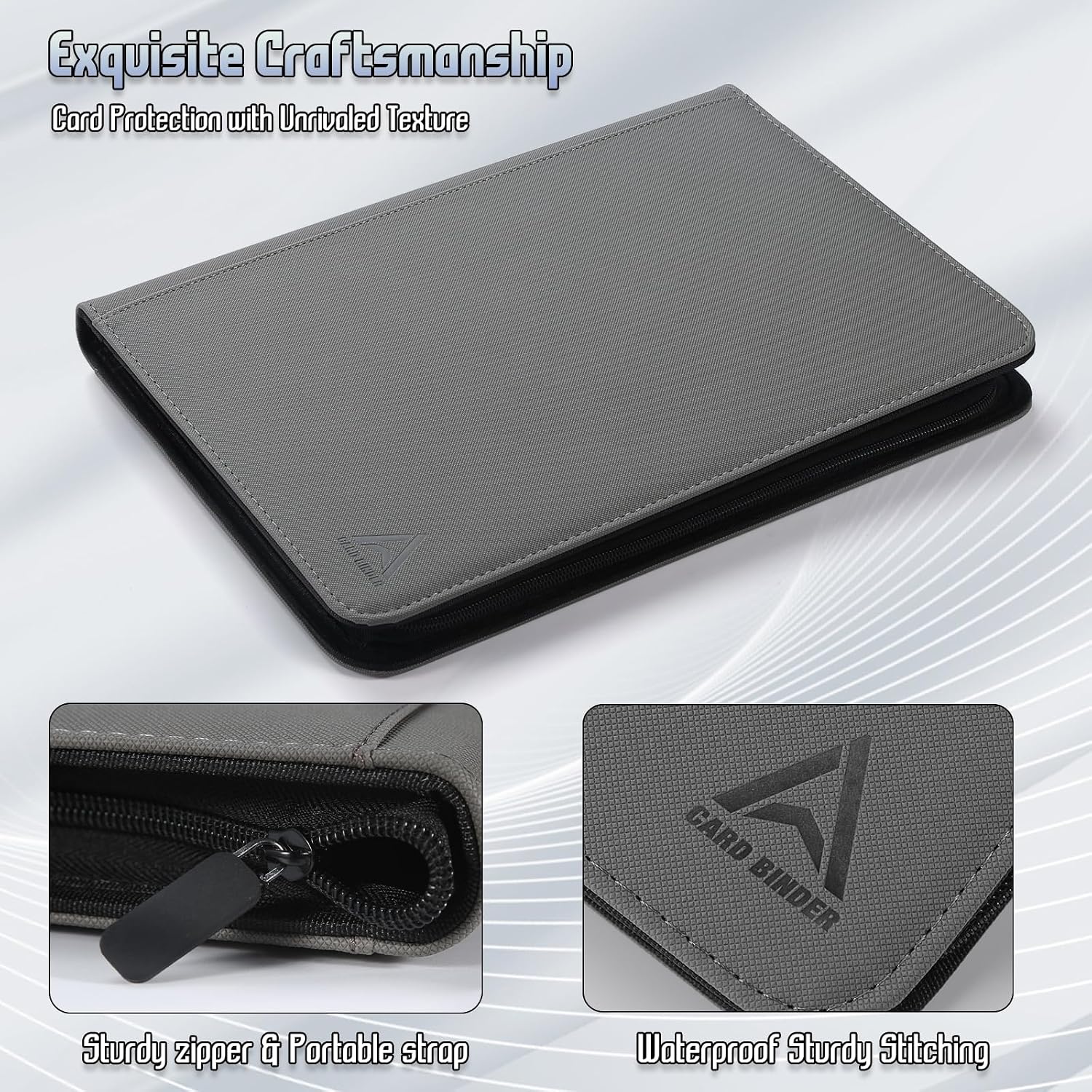 Detalle de Arkeiliy 9-Pocket Card Binder, 540-Card Capacity, Zipper, Gray PU Leather