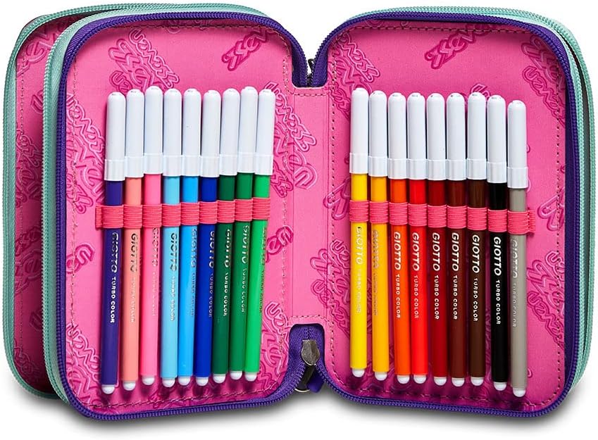 Detalle de Seven Trousse à crayons à 3 compartiments XXL Girl (12,5 x 20 x 7 cm) avec stylos et fournitures