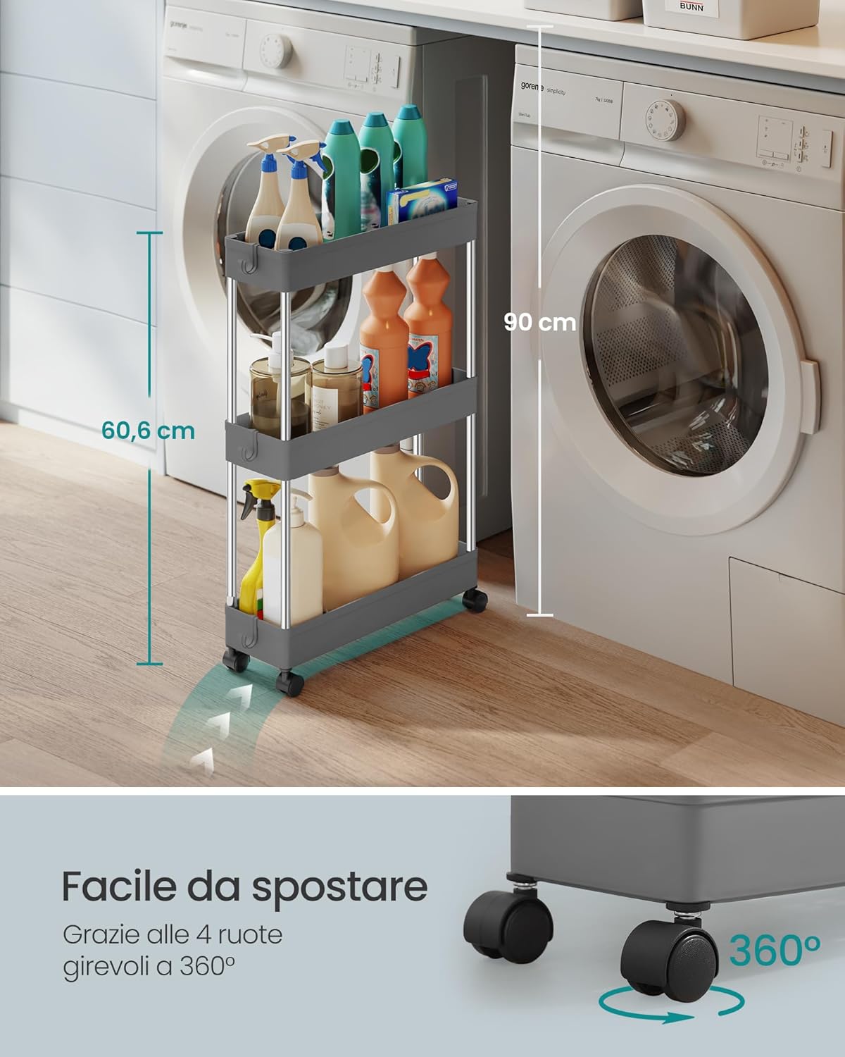 Detalle de SONGMICS Carrello Portaoggetti a 3 Livelli KSC007G01: design slim e versatilità per cucina, bagno e ufficio
