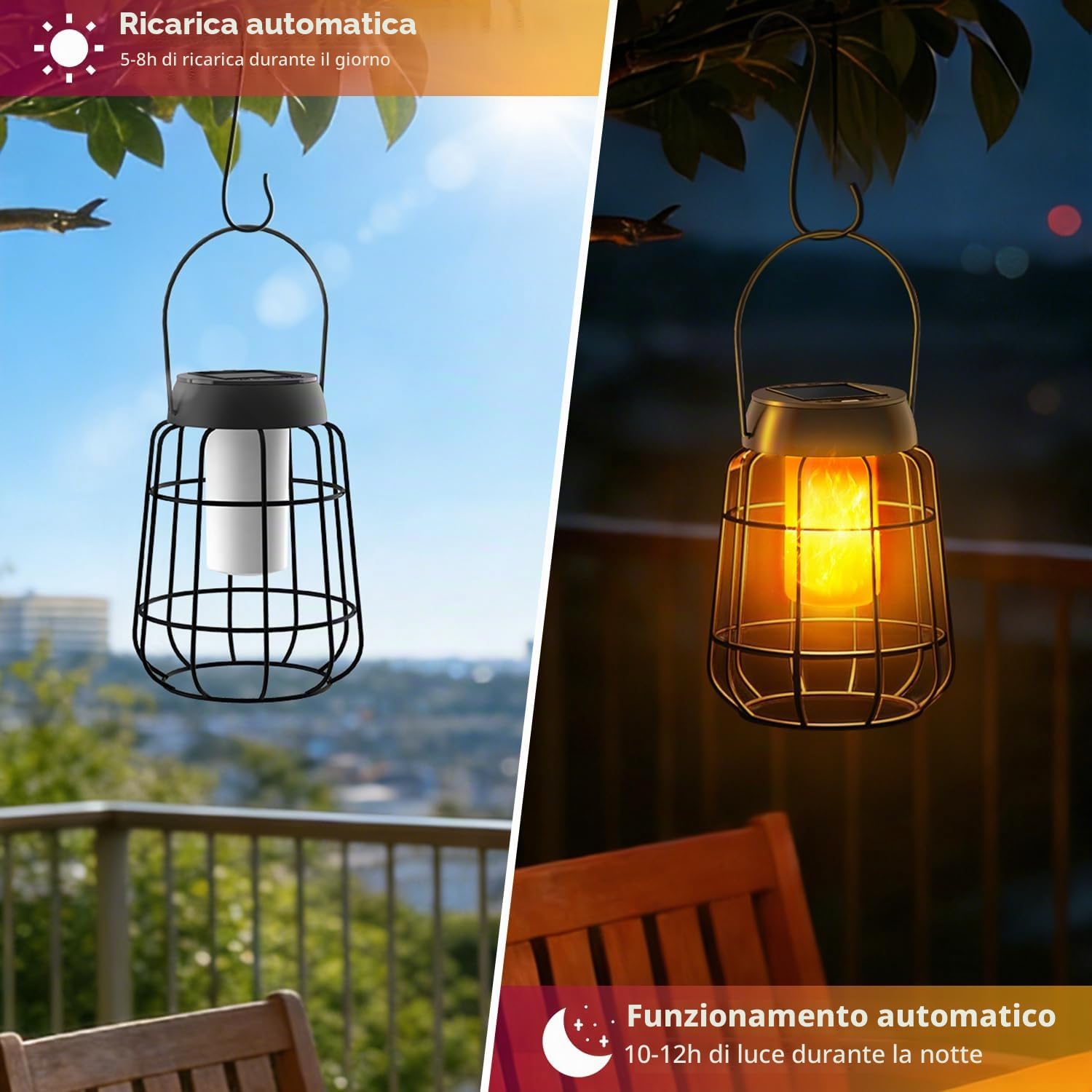 Detalle de 2 lanterne solari con effetto fiamma reale per esterni, IP65 - decorazione elegante per giardino, balcone e terrazza