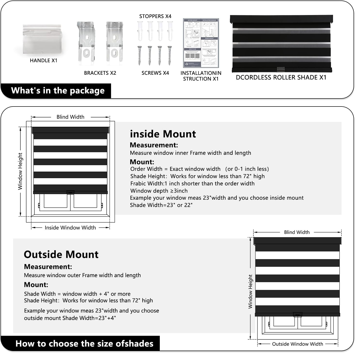 Detalle 2 de AOSKY Cordless Zebra Blinds for Windows (32" W x 72" H, Black) — Dual-Layer Light Filtering & Privacy