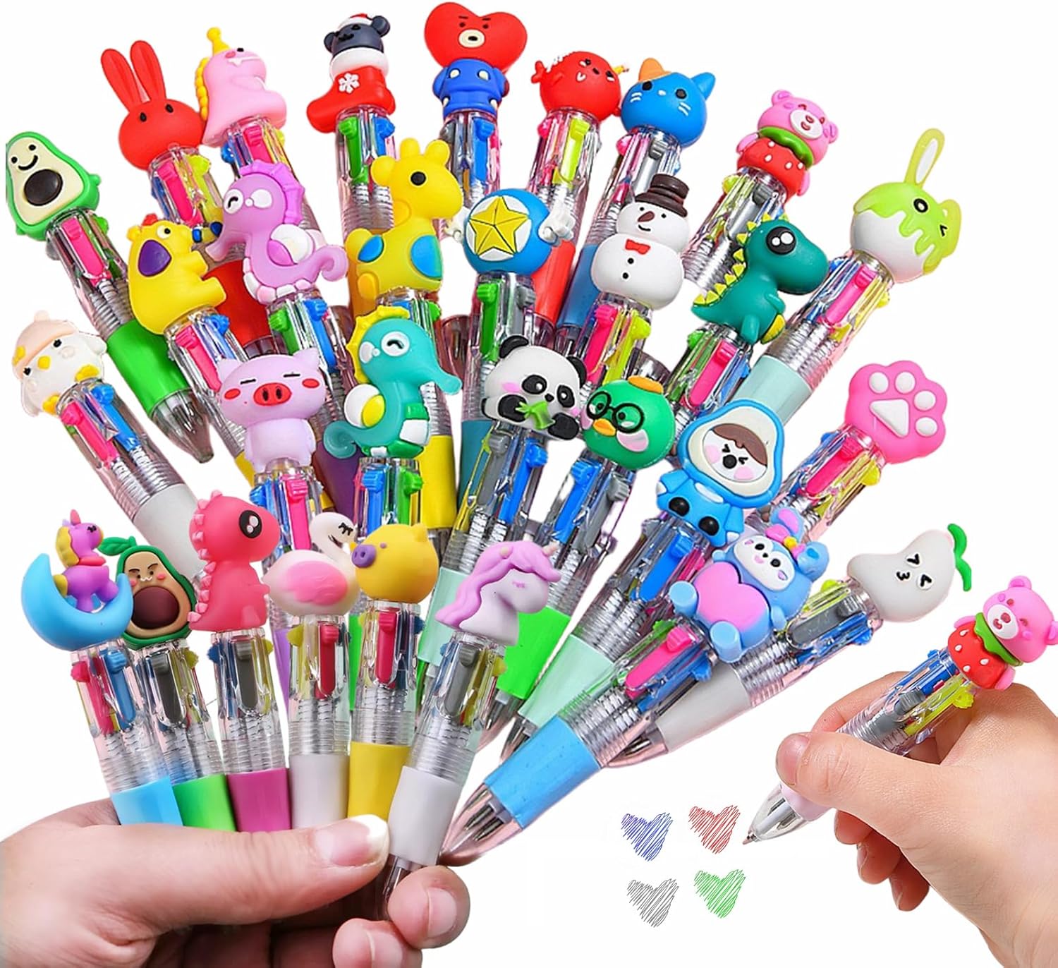 Detalle de Arthink 50-Pack of Mini Multicolour Pens (4-in-1) – Kawaii Animal Button Ballpoint Set for Kids