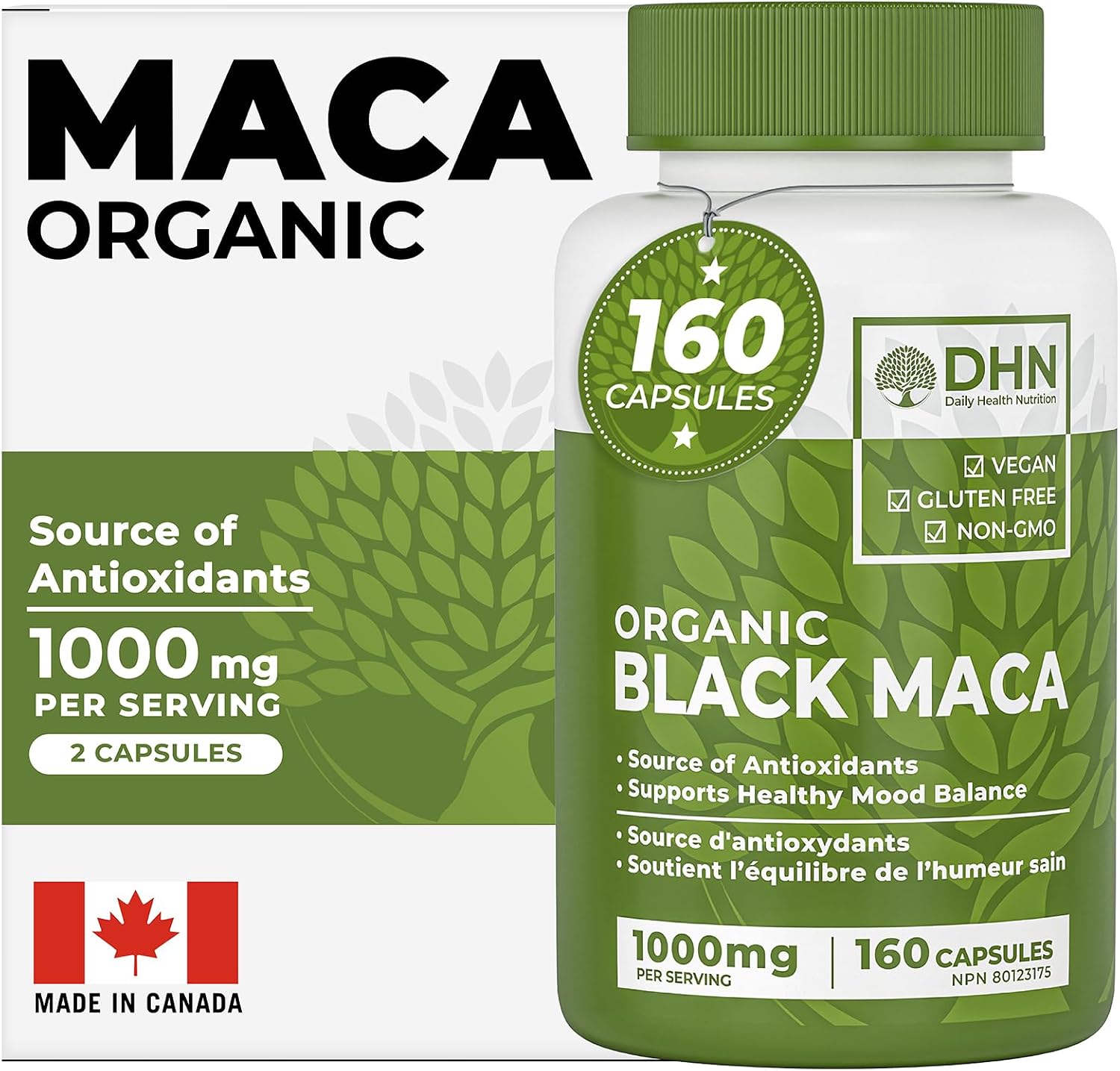 Detalle de DH Nutrition Organic Black Maca Capsules, 160 Count, Made in Canada