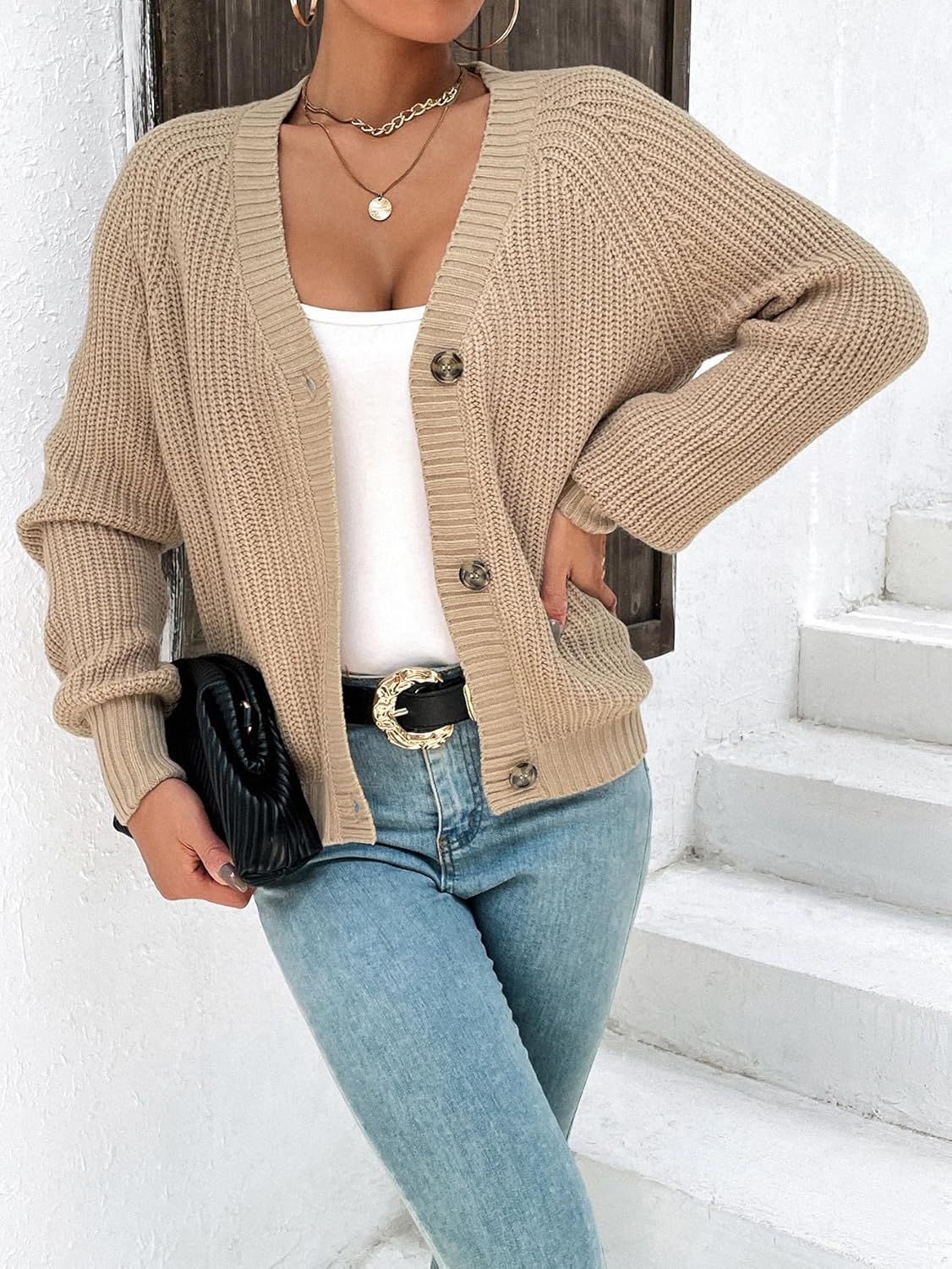 Thumbnail 3 de Hotouch Strickjacke Damen Kurz Strick Cardigan V-Ausschnitt mit Knopfleiste