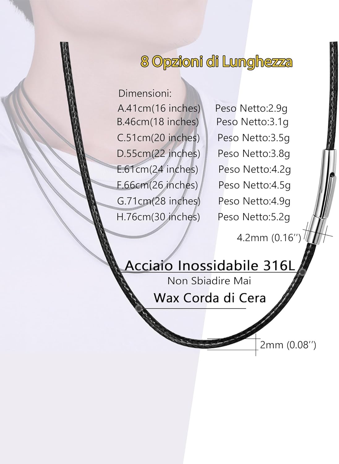 Thumbnail 4 de Collana PROSTEEL in pelle e caucciu con cordina nera impermeabile (2 mm) 41–76 cm