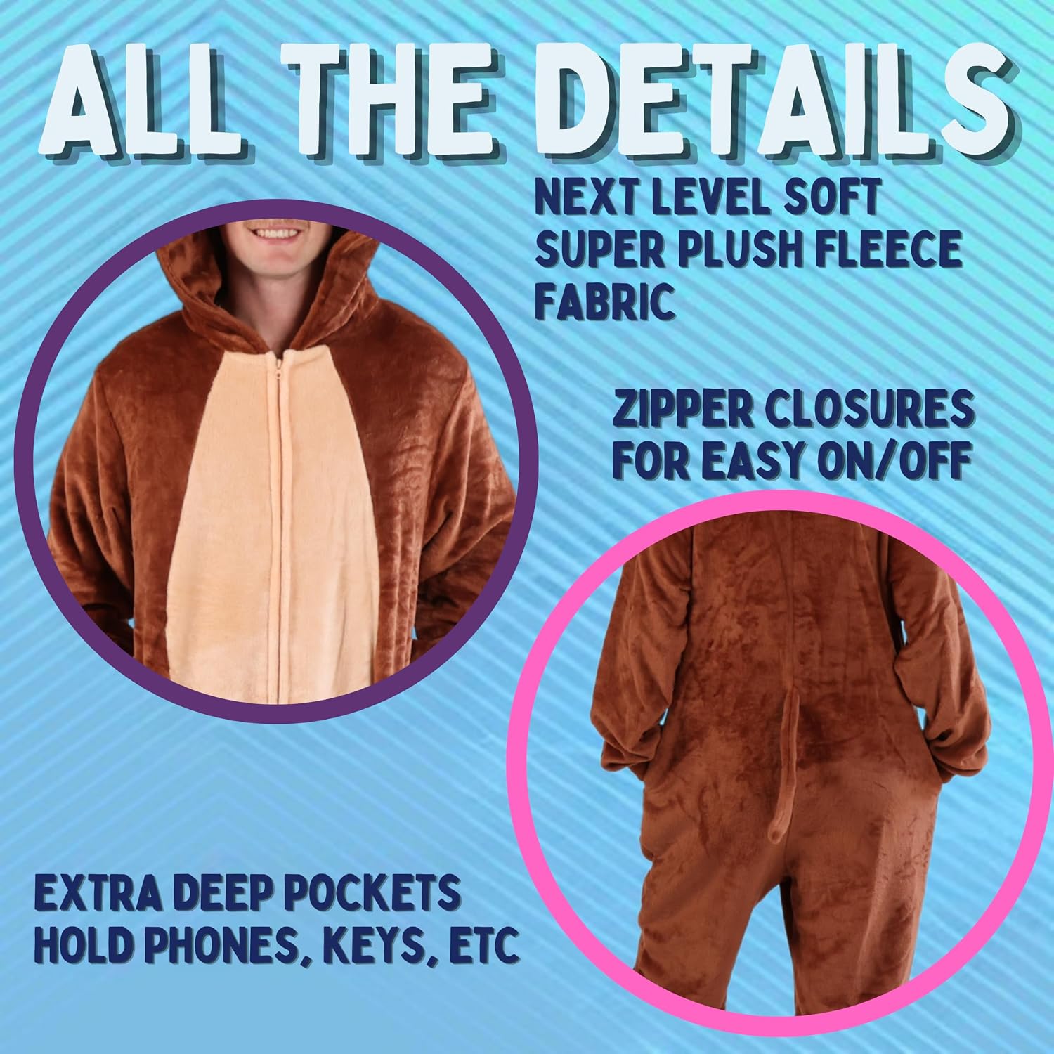Detalle de Funziez! Slim Adult Onesie Monkey Costume, Brown Fleece, Full-Zip Design