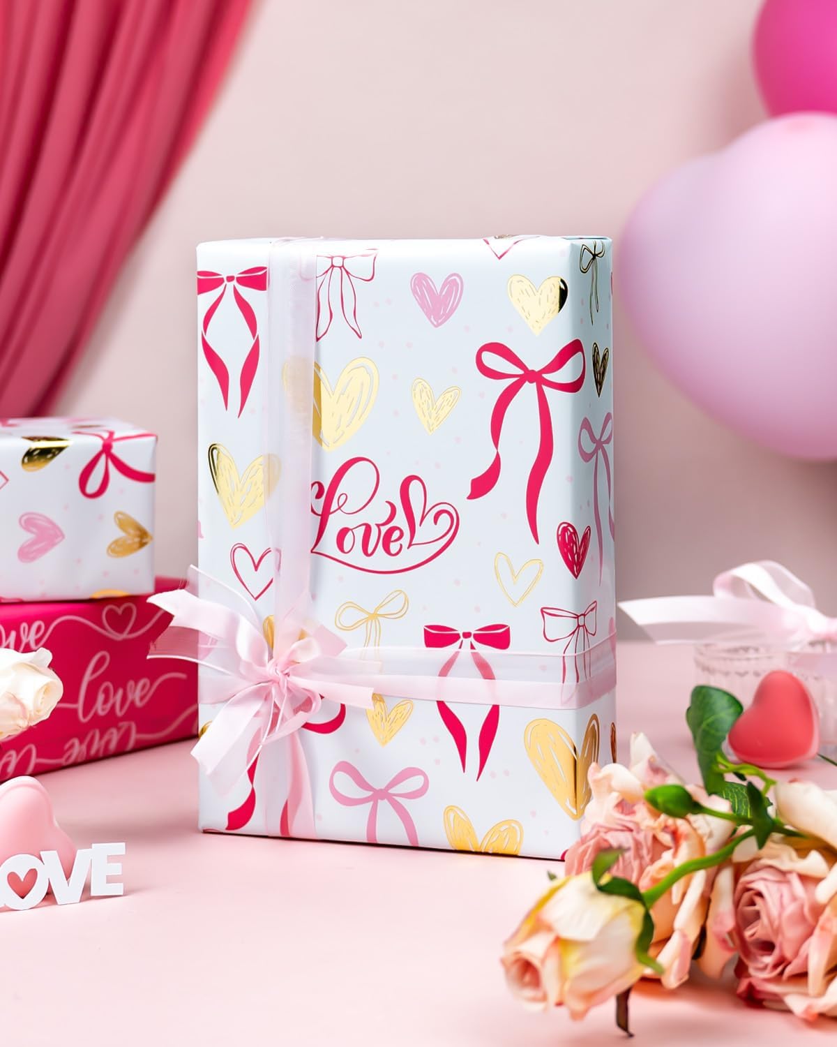 Thumbnail 3 de Wikadlik Geschenkpapierrolle in Herzform (rosa Schleife & Liebesschrift), Valentinstag- & Anlasspapier 43 cm x 10 m