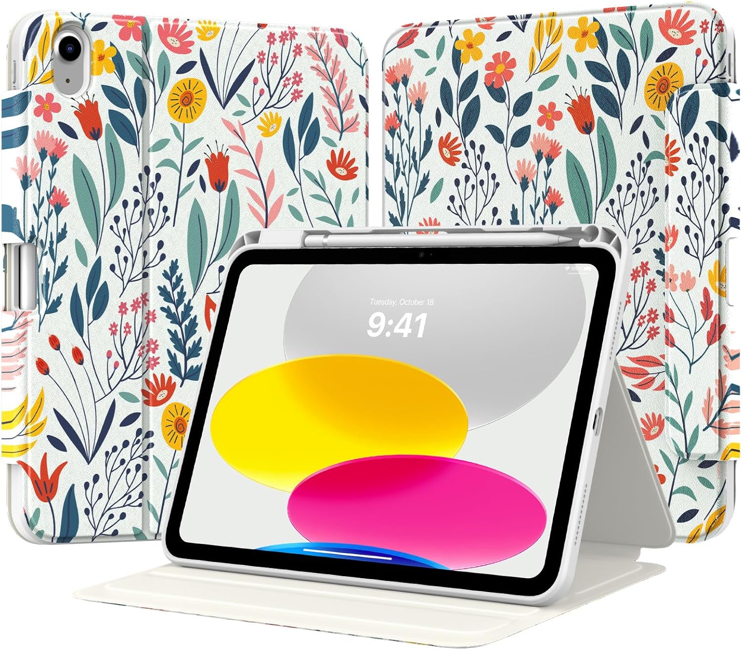Detalle de TiMOVO Hülle für iPad (A16) 11. Generation – 11 Zoll 2025 / iPad 10. Generation 2022 mit Stifthalter, Folio-Schutzhülle in Blumenoptik