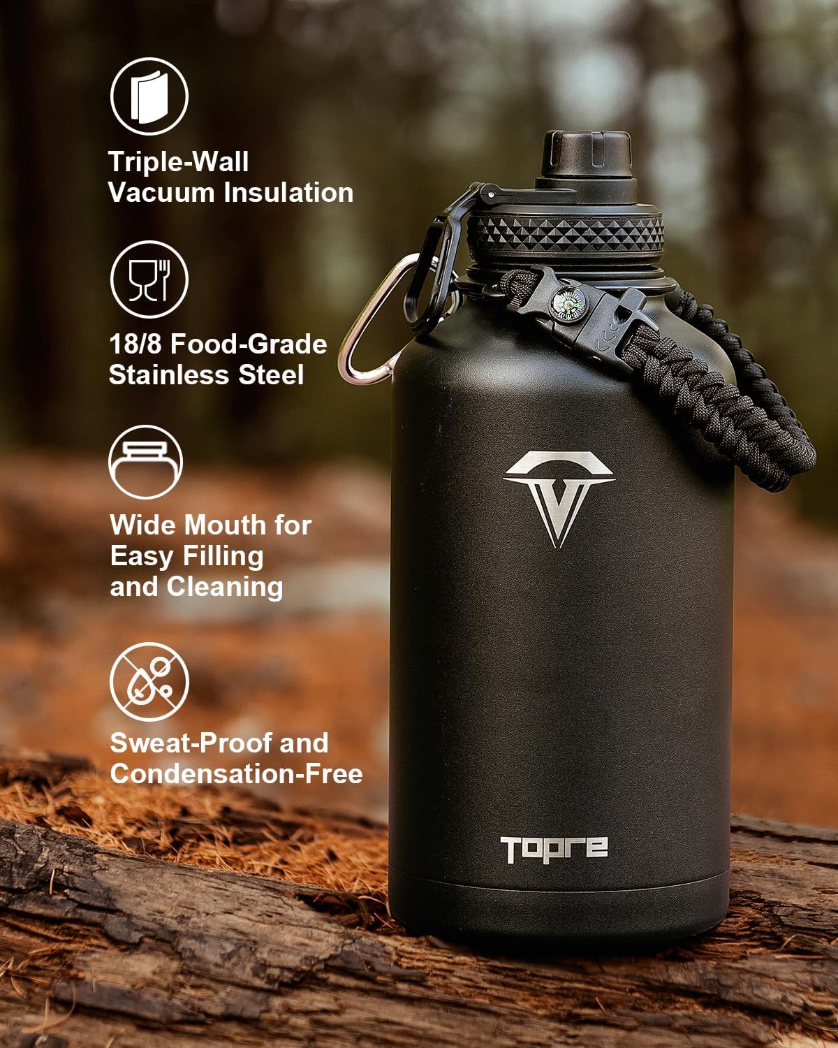 Detalle de Topre 64oz Insulated Water Bottle: Half Gallon Stainless Steel Jug with Dual Lids and Paracord Survival Kit