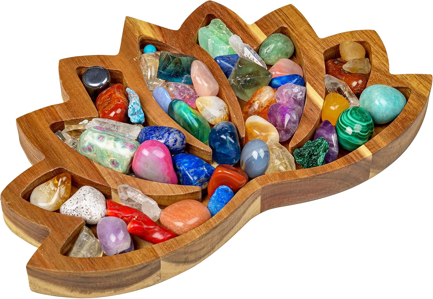 Curawood Lotus Crystal Display Tray (28x18cm) – Acacia wood lotus-style crystal and gemstone holder