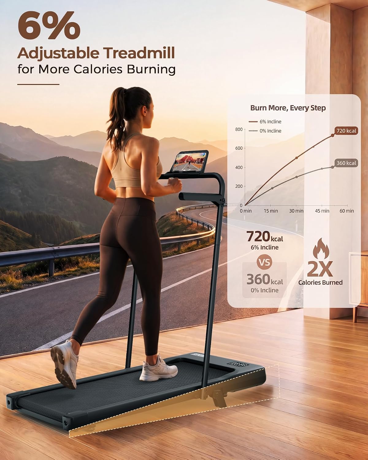 Detalle de Superun Walking Pad with Handle Bar Treadmill, 2.5 HP, 6% Incline